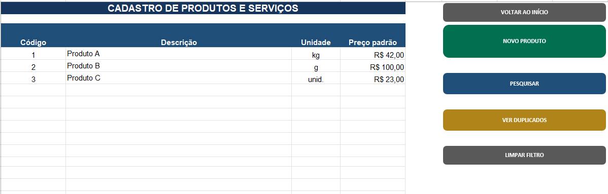Cadastro de produtos e serviços